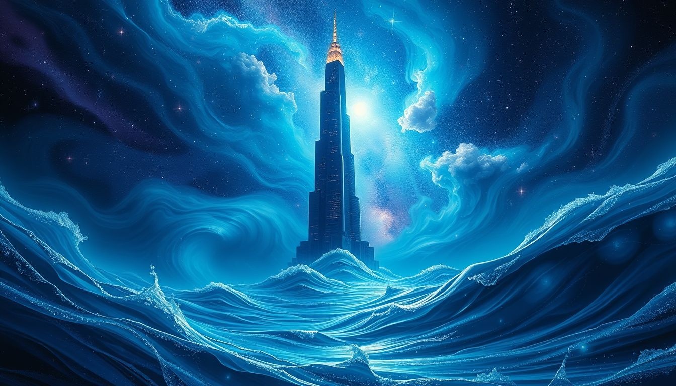 Rêver d’un gratte-ciel entouré d’eau symbolise intuition et émotions submergées.