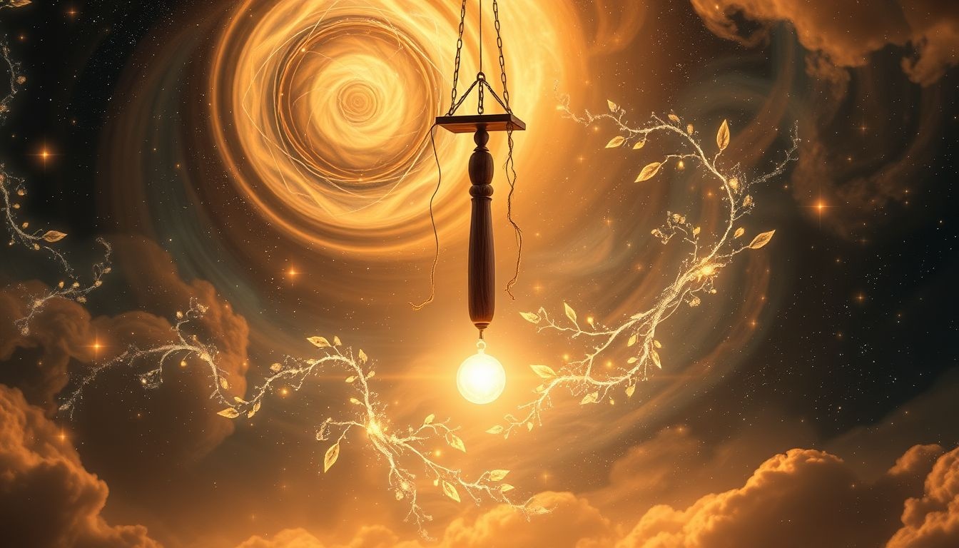 Un pendule en bois symbolise l'équilibre naturel et la stabilité.