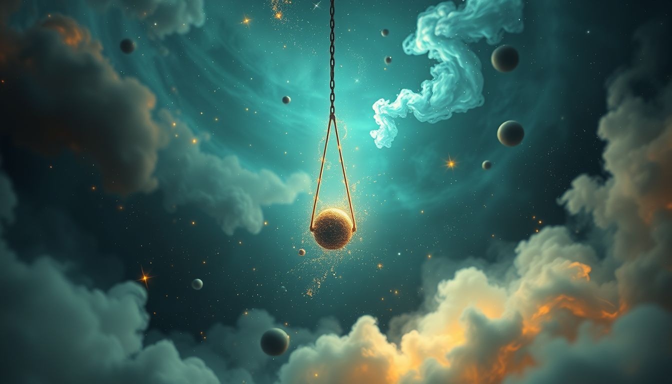 Un pendule erratique symbolise l'instabilité mentale et les doutes.