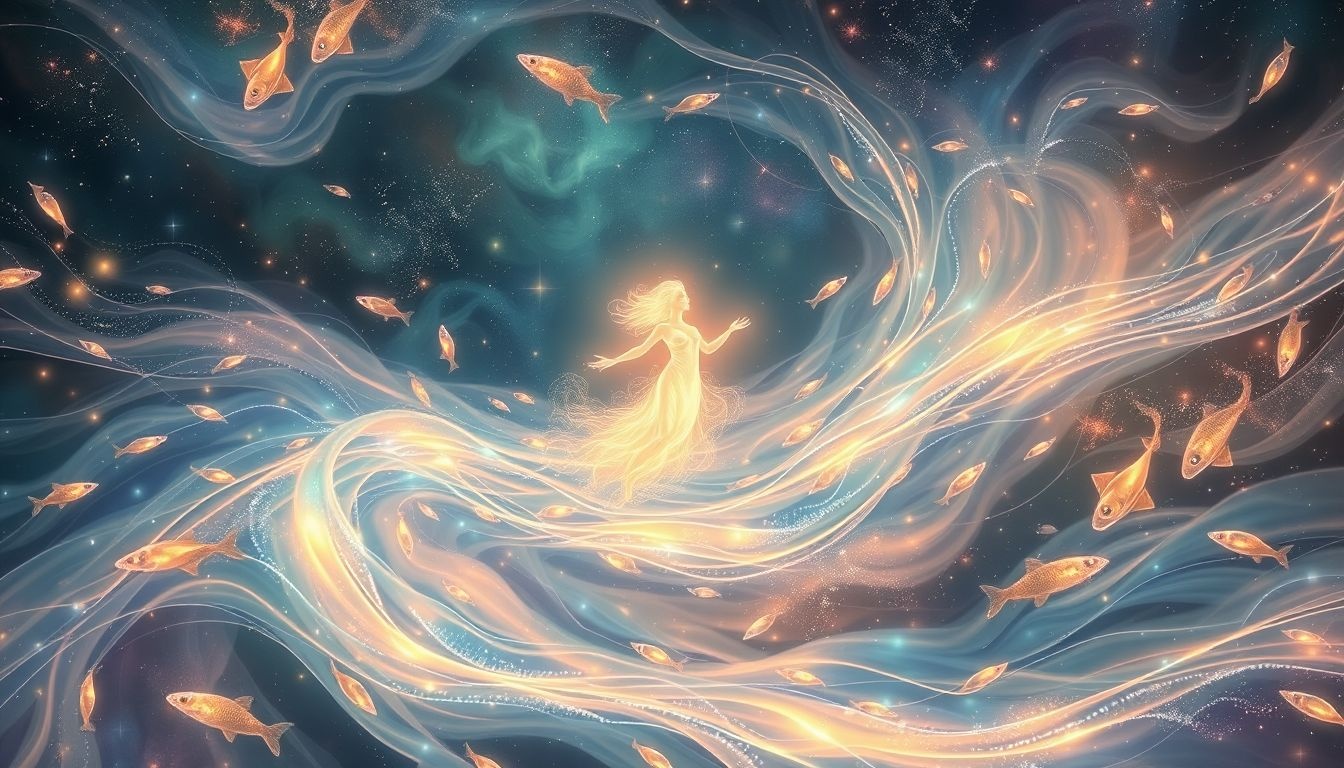 Nager avec des poissons symbolise intuition profonde et prospérité future.