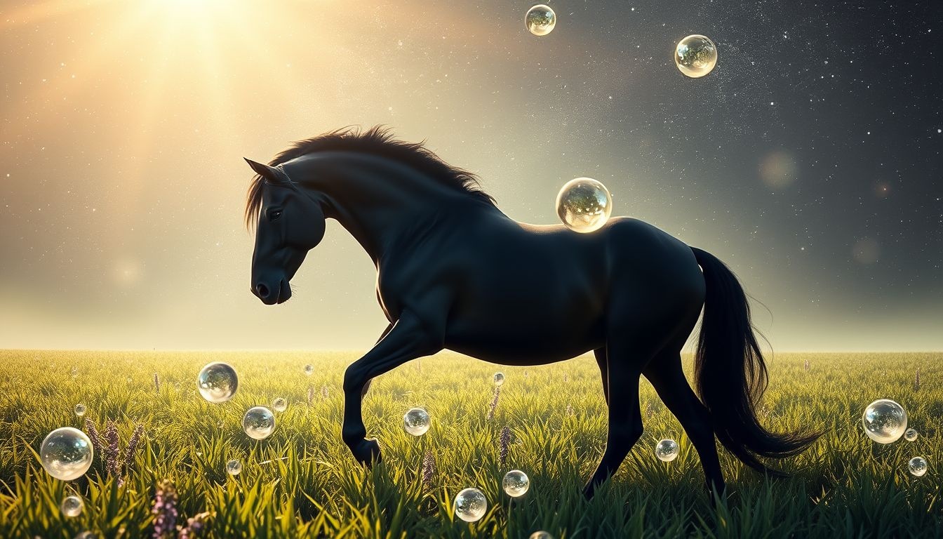 Un cheval noir dans un champ symbolise fertilité et prospérité croissante.