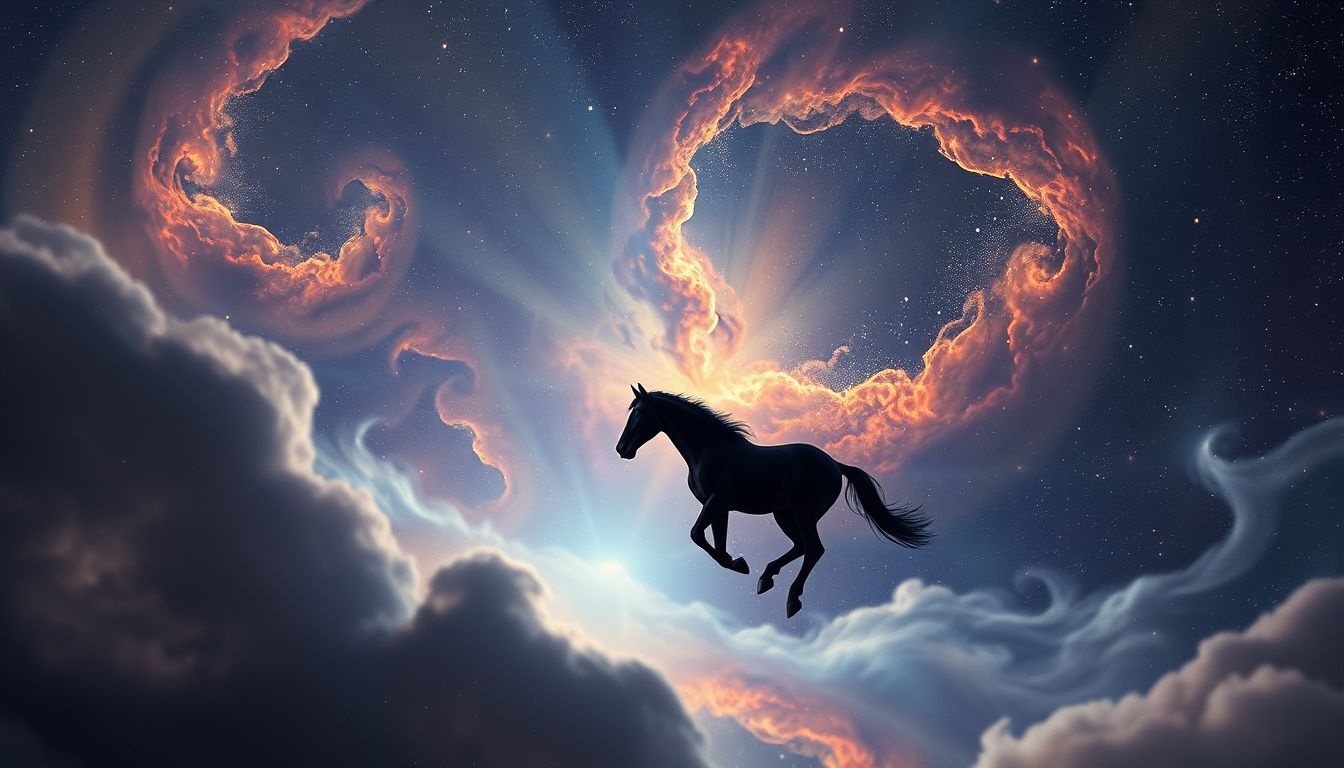 Le cheval noir errant symbolise souvent la quête intérieure de soi.