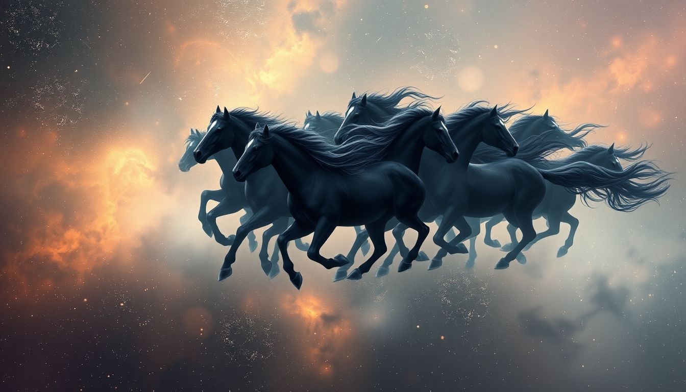 Un troupeau de chevaux noirs symbolise puissance collective et mystère partagé.