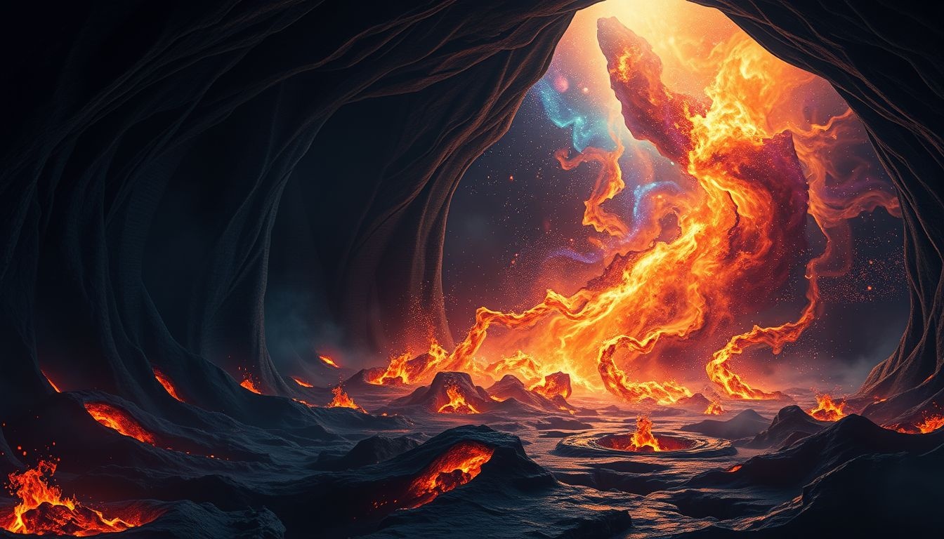 Une chambre noire en feu symbolise la destruction menant à la renaissance.