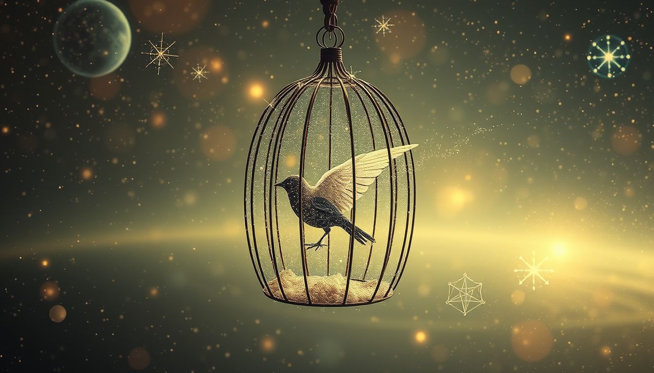 Un cacatoès en cage symbolise souvent un désir de liberté entravé.