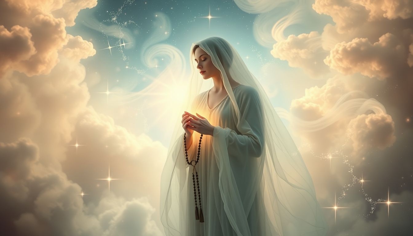 Marie avec un chapelet symbolise la dévotion et la sérénité spirituelle.