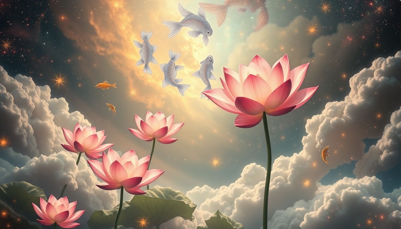 Rêver de lotus et poisson symbolise abondance, fertilité, prospérité.