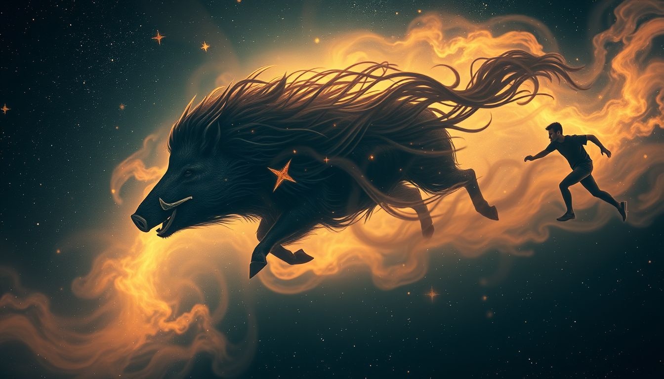 Rêver d'un sanglier poursuivant révèle anxiété face aux dangers imminents.