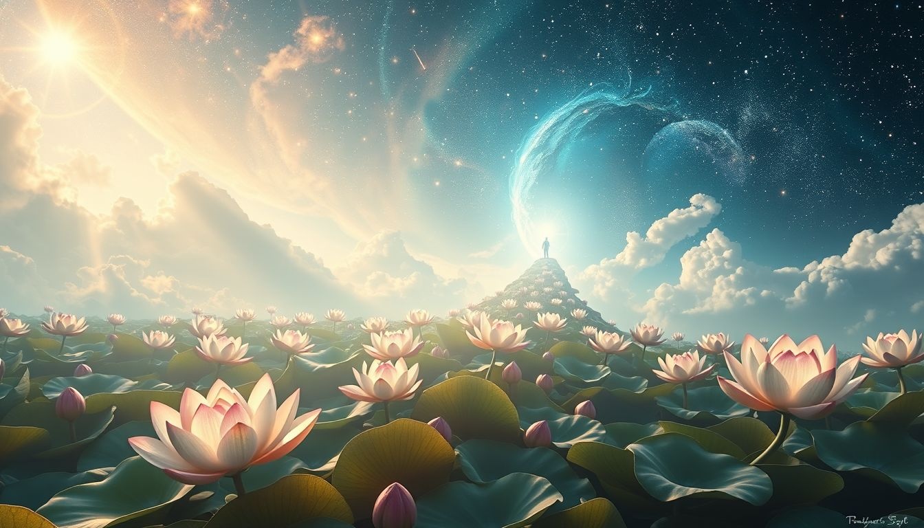 Marcher sur des lotus symbolise l’élévation spirituelle et la pureté intérieure.