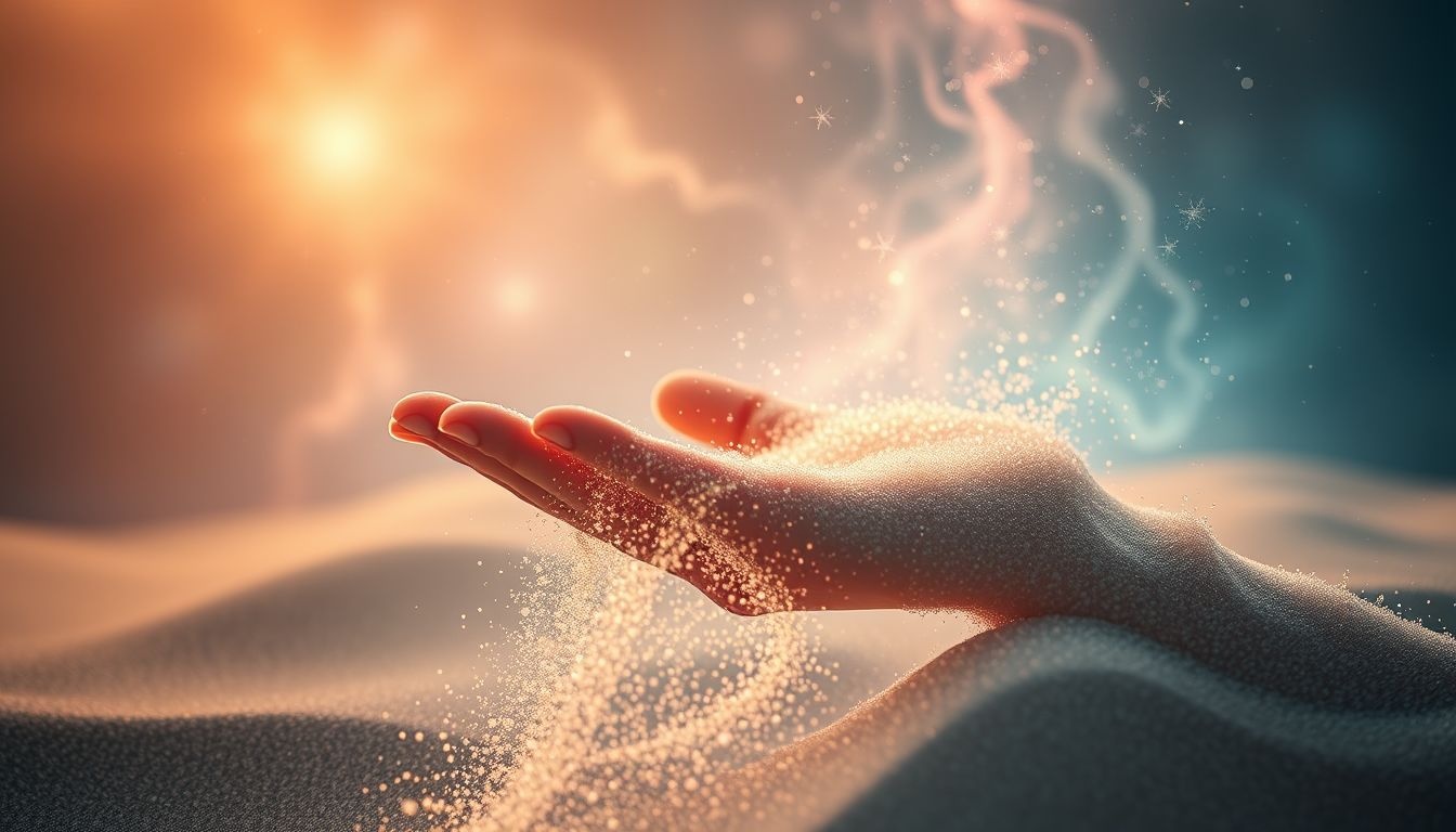 Le sable qui s’écoule symbolise l’éphémérité du temps perdu.