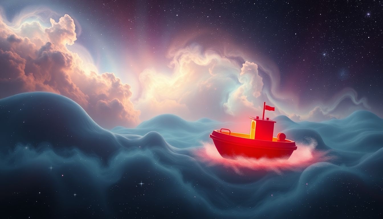 Le canot rouge symbolise l'urgence et la passion salvatrice.