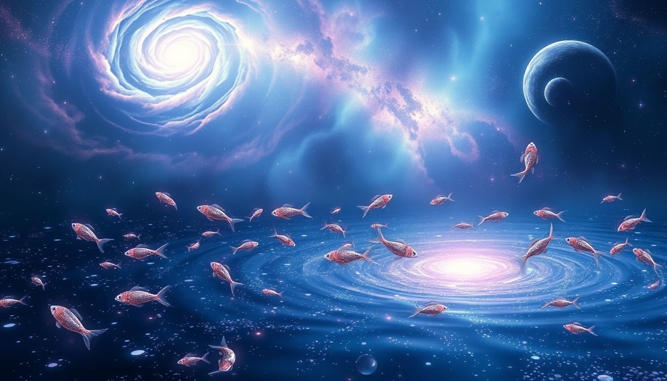 La présence de poissons symbolise richesse et abondance émotionnelle.