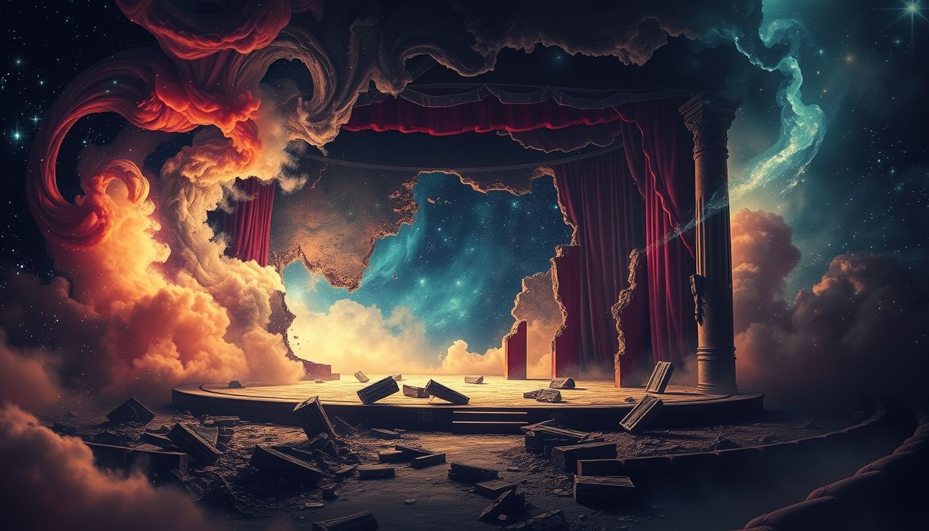 Un théâtre en ruine symbolise souvent la perte d'illusions passées.