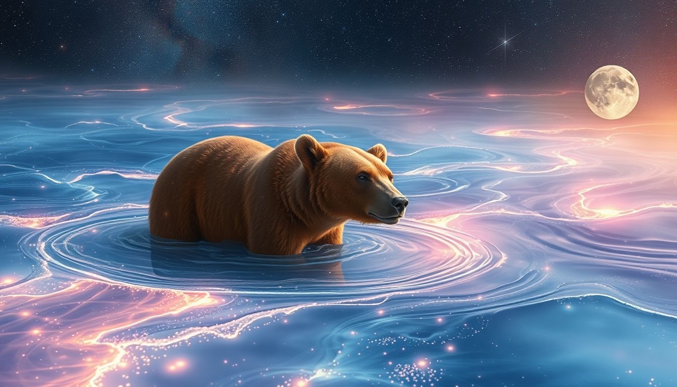 L'ours brun dans l'eau symbolise purification et émotions profondes.