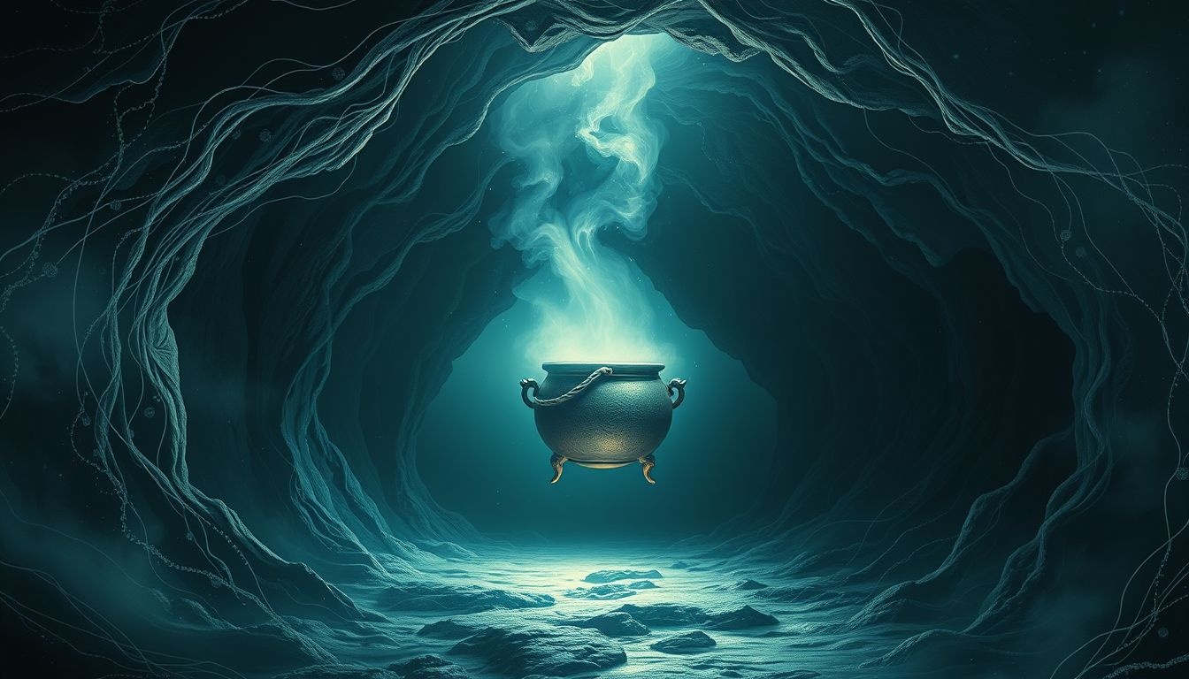 Le chaudron en grotte symbolise l'exploration des émotions enfouies.