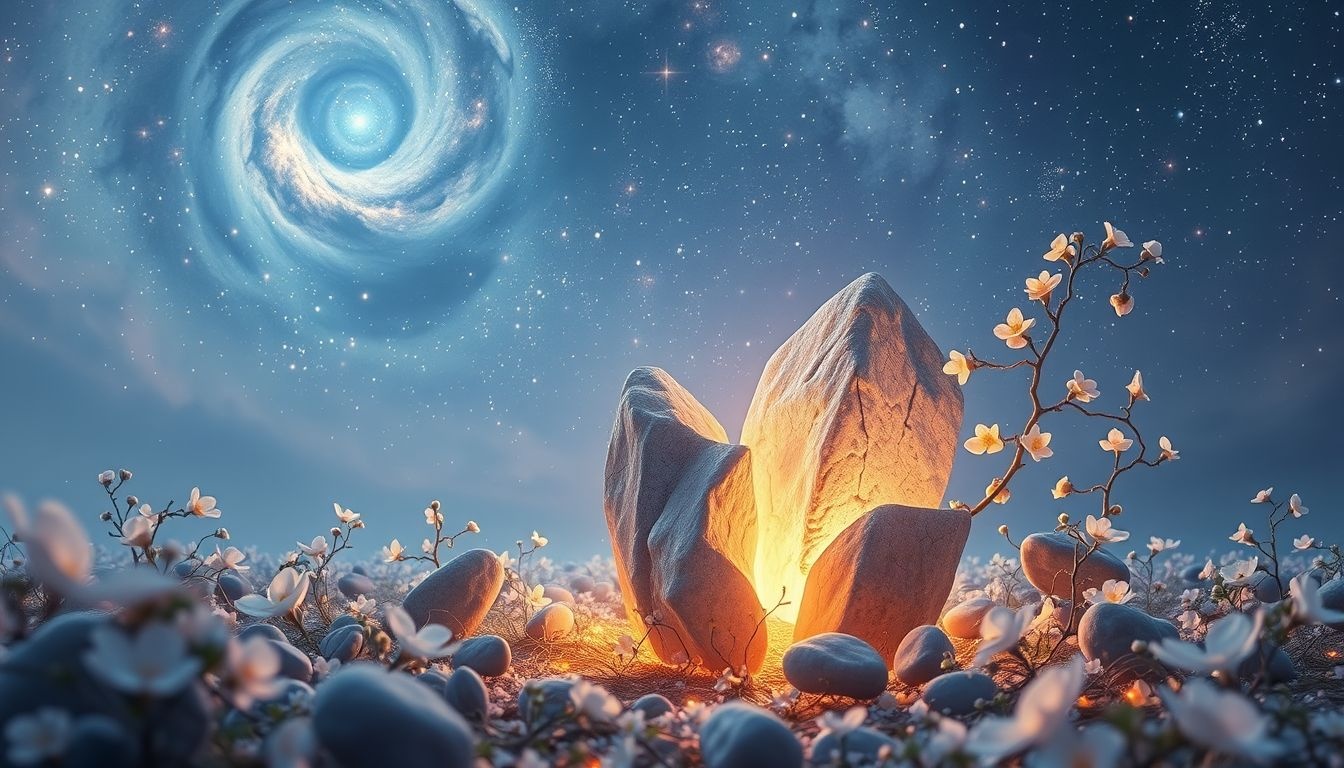 Les rochers symbolisent défis, force intérieure et évolution personnelle.