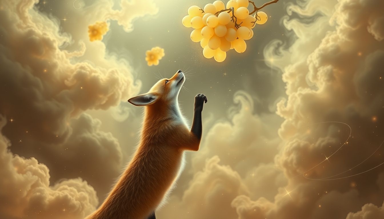 Rêver du renard et des raisins symbolise désir inaccessible et ruse.