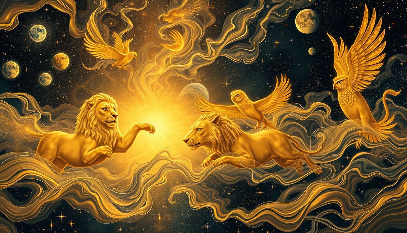 La laque dorée symbolise richesse intérieure et instincts animaux révélés.