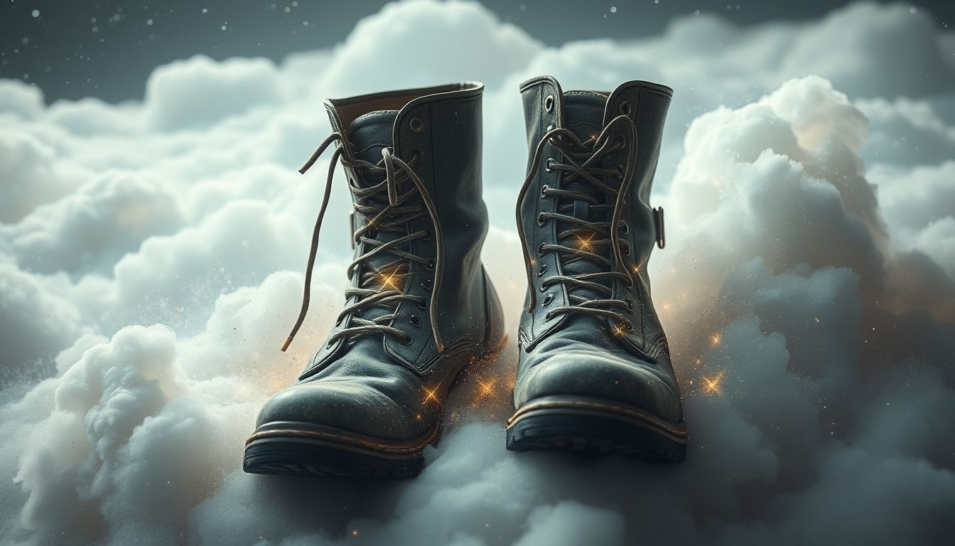 Les bottes usées symbolisent endurance face à l’adversité quotidienne.