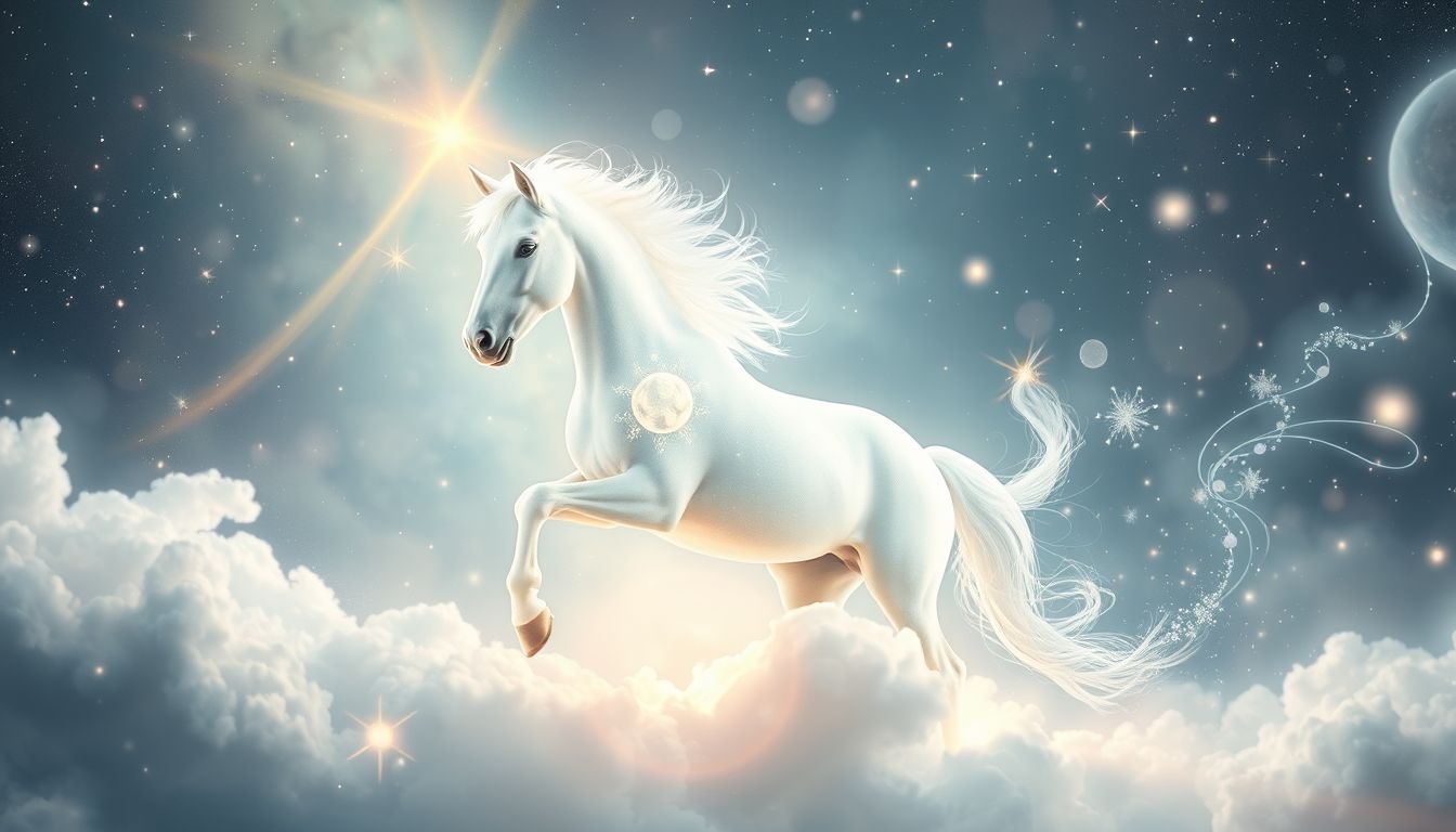 Le poney blanc symbolise souvent l'innocence et un renouveau.