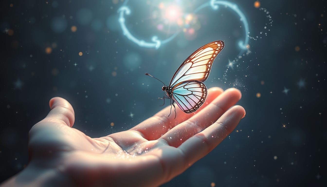 Un papillon posé symbolise l'acceptation et le message spirituel.