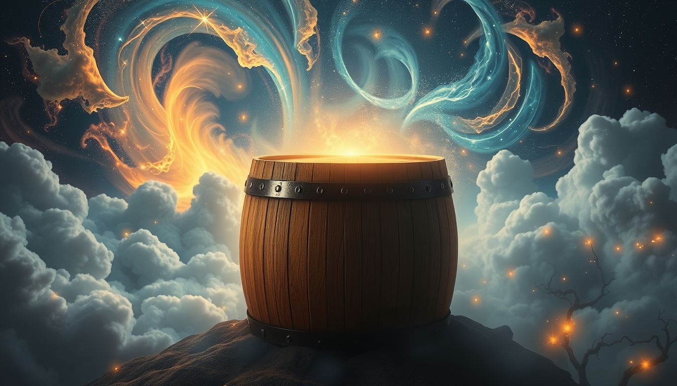 Le tonneau de vin vieux symbolise sagesse et héritage ancestral précieux.