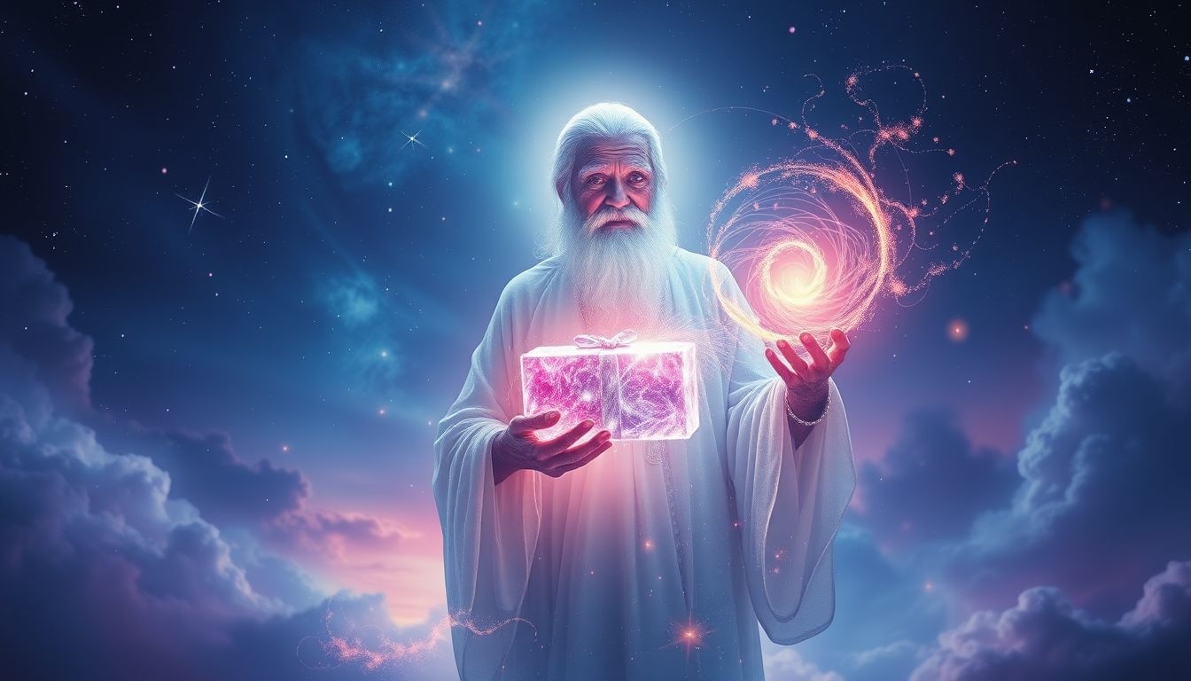 L'ancêtre offrant un cadeau symbolise sagesse transmise et chance.