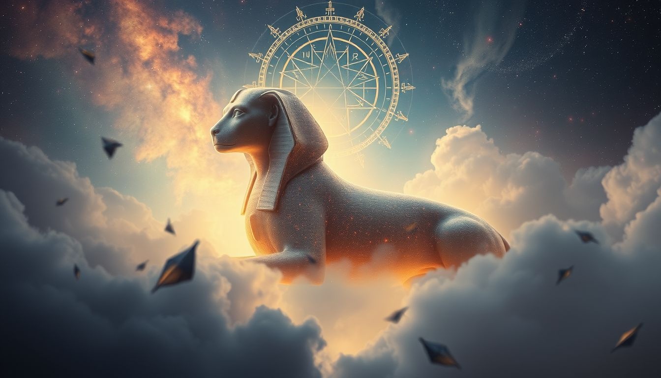 Le sphinx protège, symbolisant mystère et sagesse intérieure.