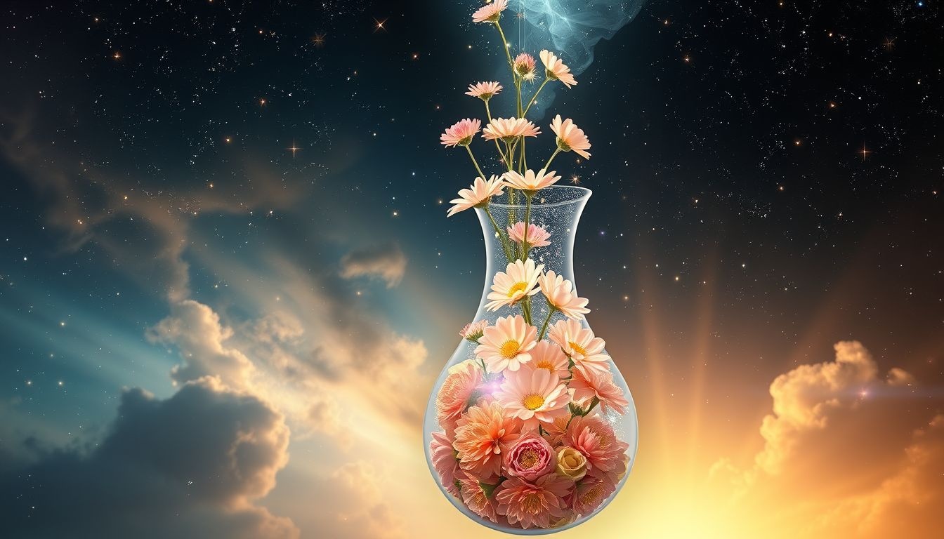 La carafe fleurie symbolise épanouissement et créativité intérieure.