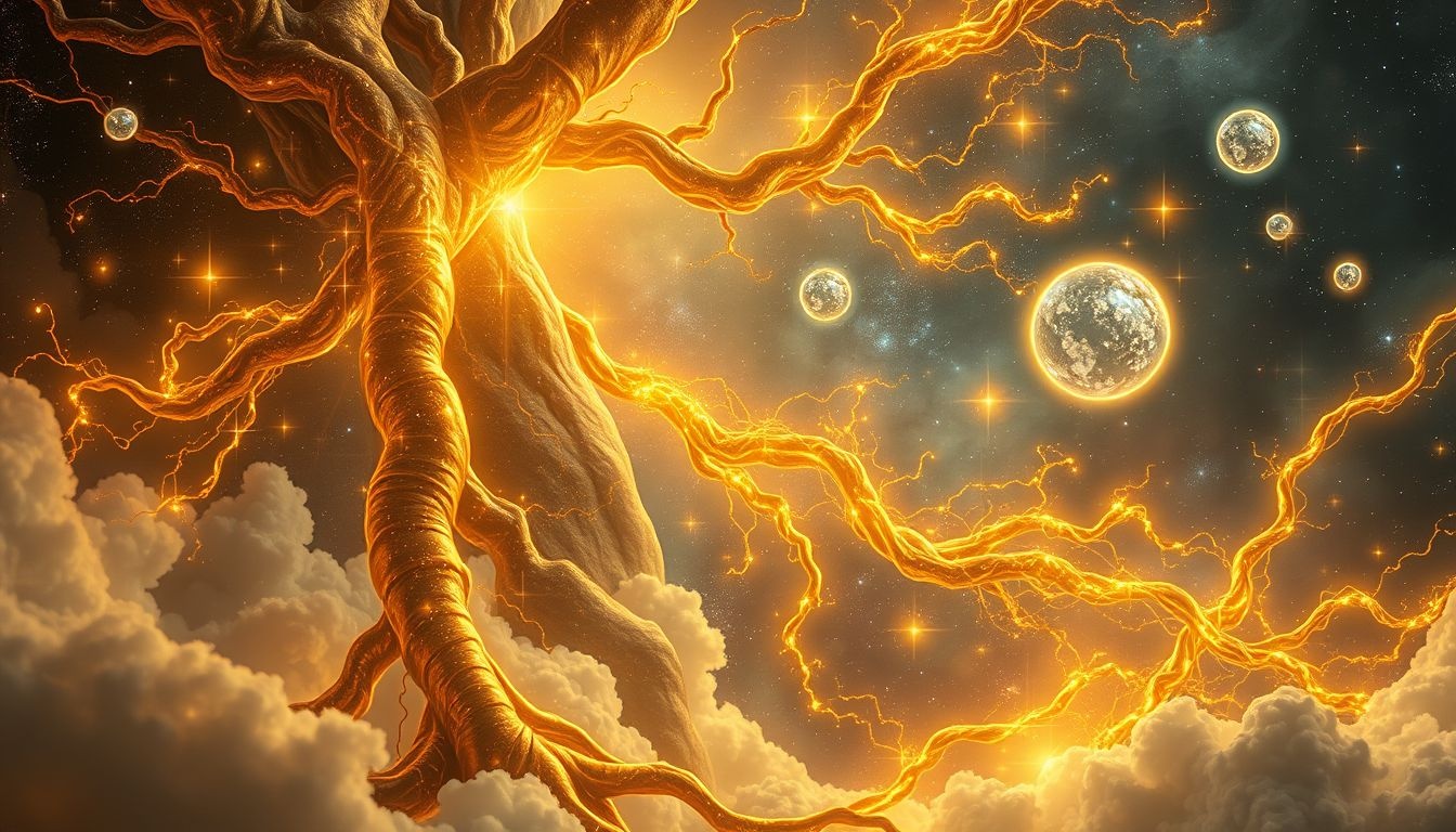 Les racines dorées symbolisent richesse intérieure et potentiel infini.