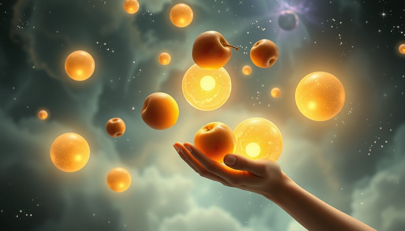 Jongler avec des fruits symbolise souvent fertilité et prospérité.