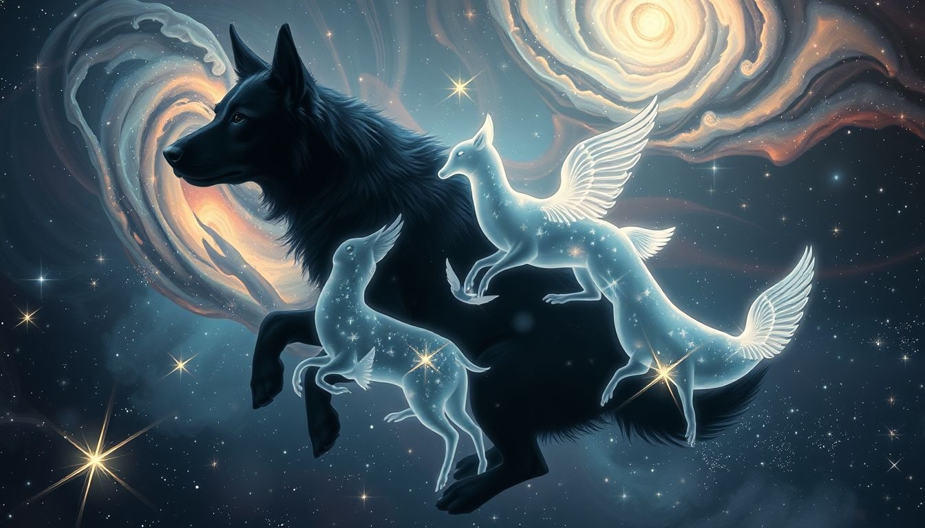 Le chien noir symbolise souvent la loyauté et la vigilance relationnelle.