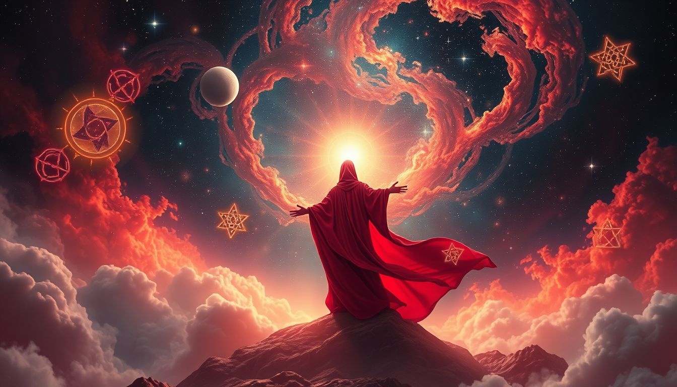 Le tanneur rouge symbolise un guide spirituel révélant la transformation intérieure.