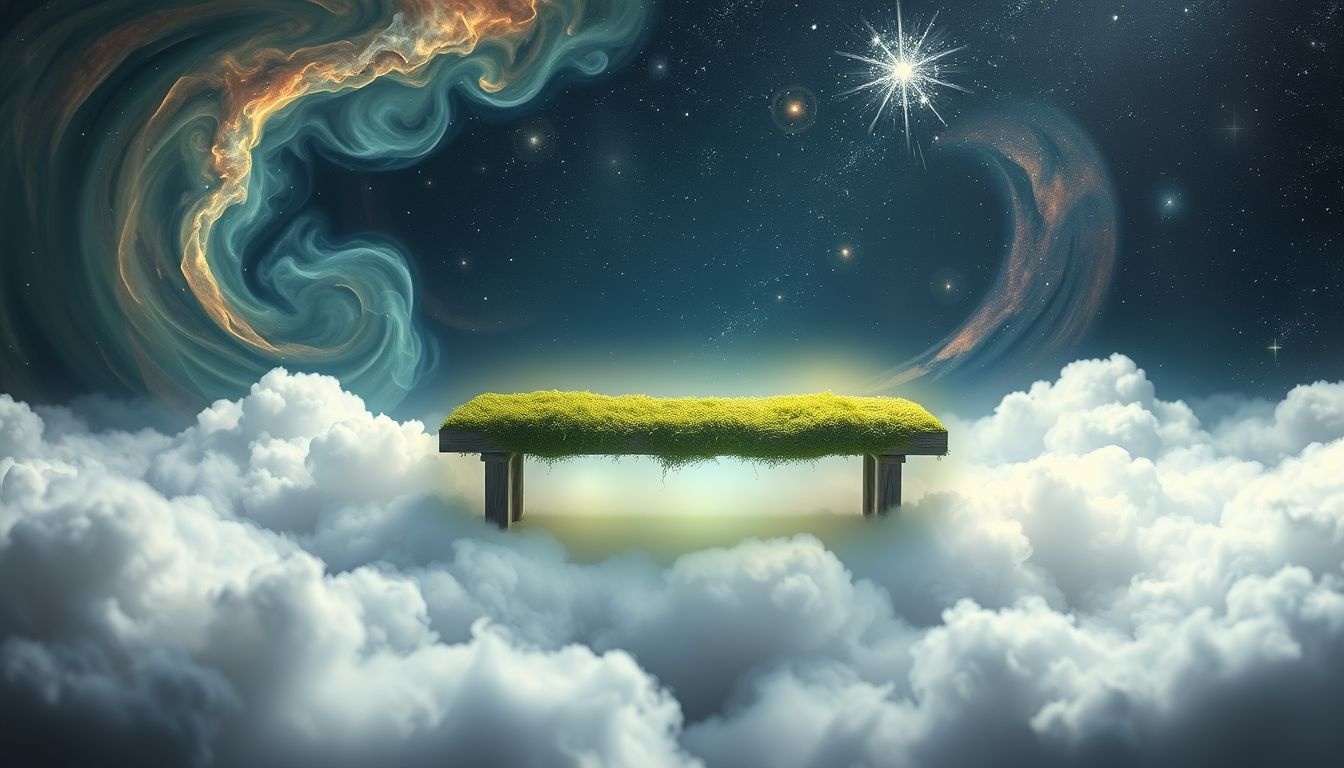 Le banc moussu symbolise la sagesse ancienne et la patience intérieure.