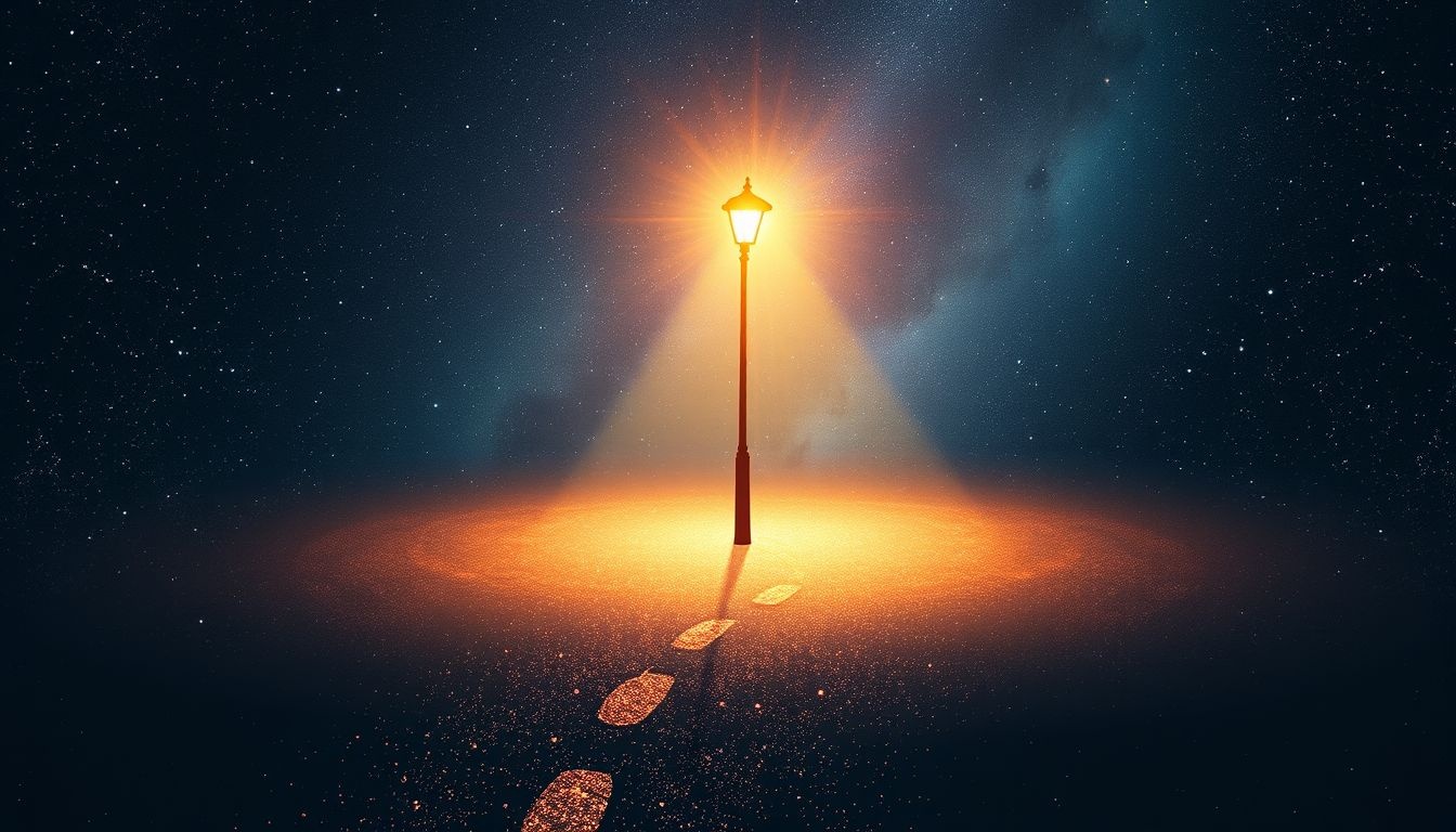 Marcher sous un réverbère symbolise guidance lumineuse dans la vie.