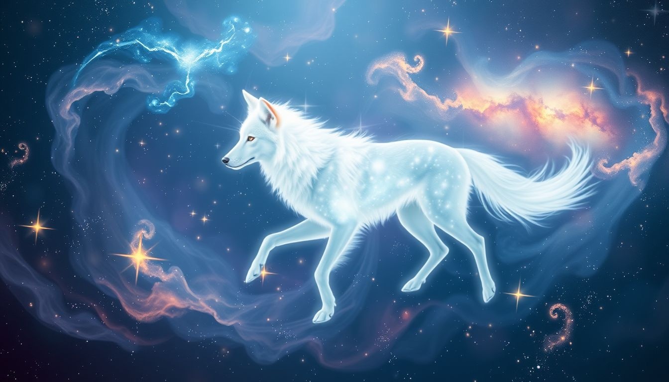 Un coyote blanc symbolise souvent pureté et intuition spirituelle profonde.