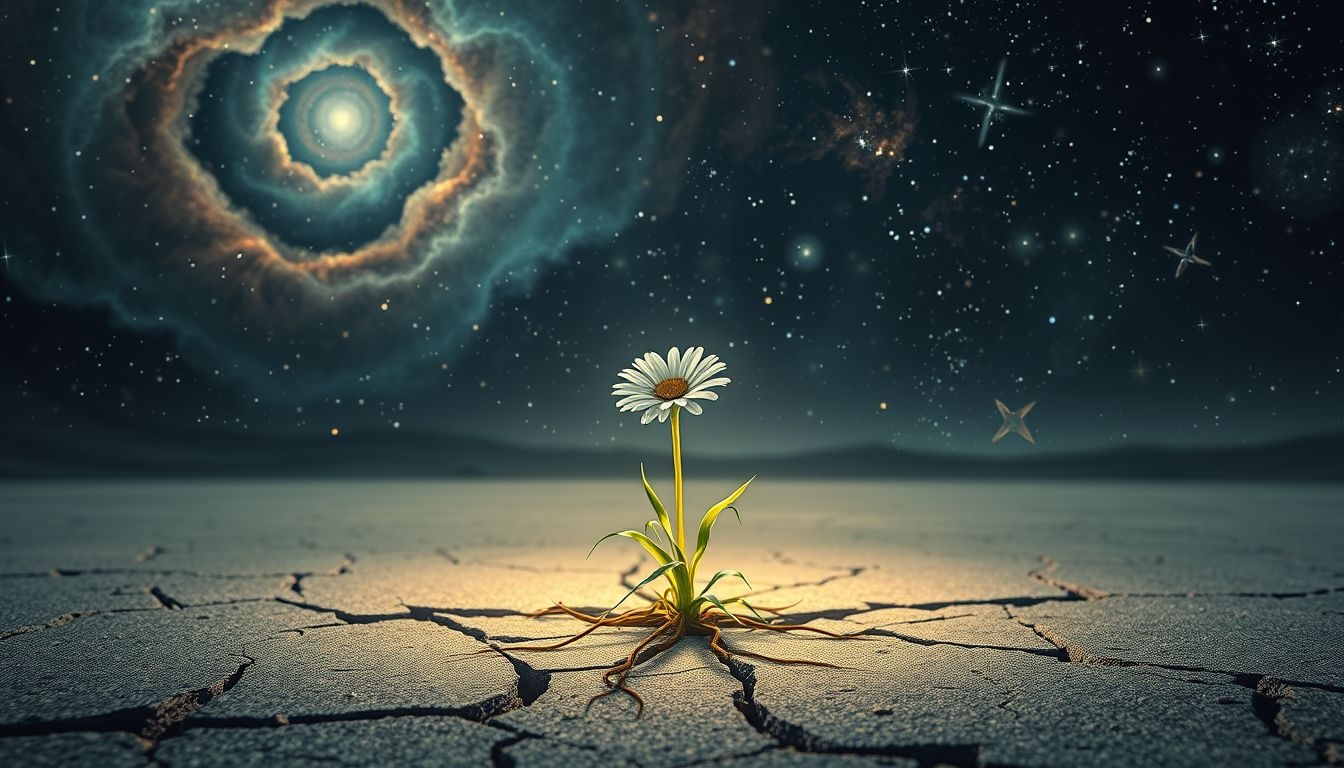 Une marguerite sur béton symbolise l'espoir et la résilience.