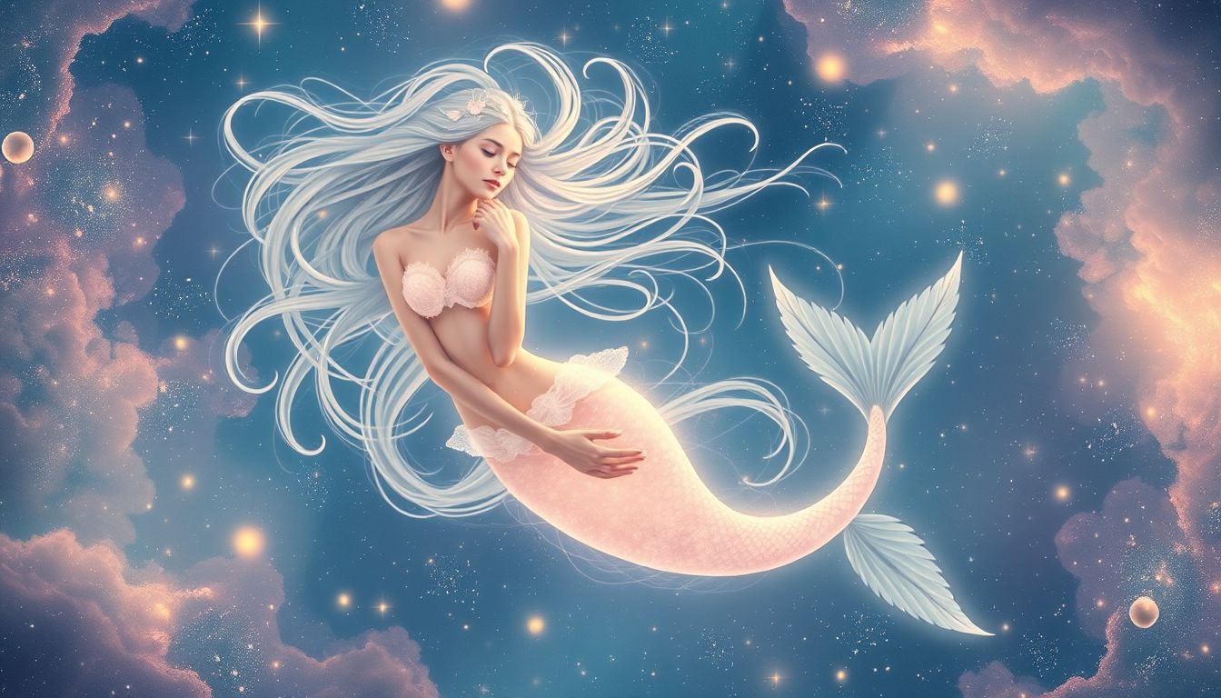 Rêver d'une sirène aux cheveux longs symbolise charme et mystère.
