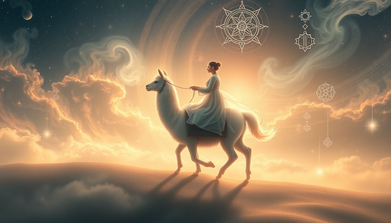 Monter un lama symbolise équilibre intérieur et quête spirituelle profonde.