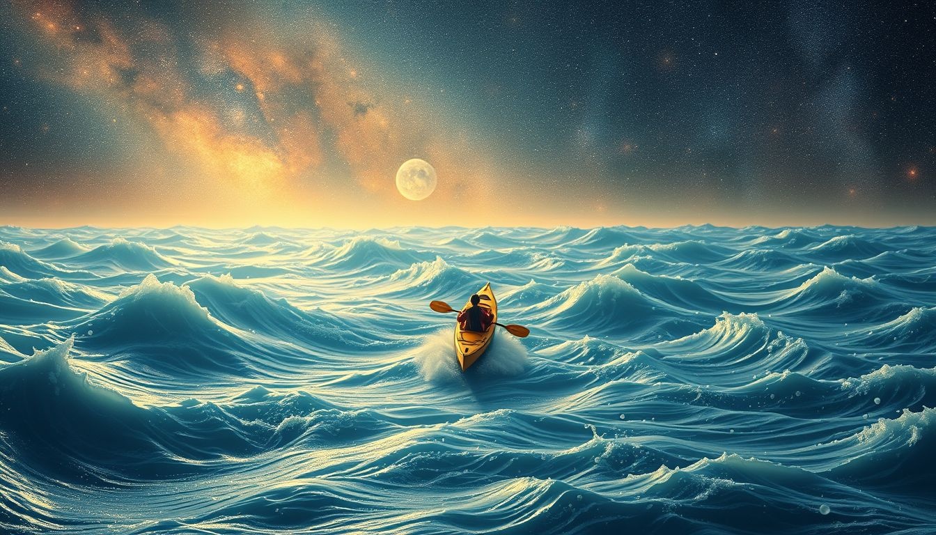 Naviguer en kayak sur eau agitée symbolise défis émotionnels intenses.
