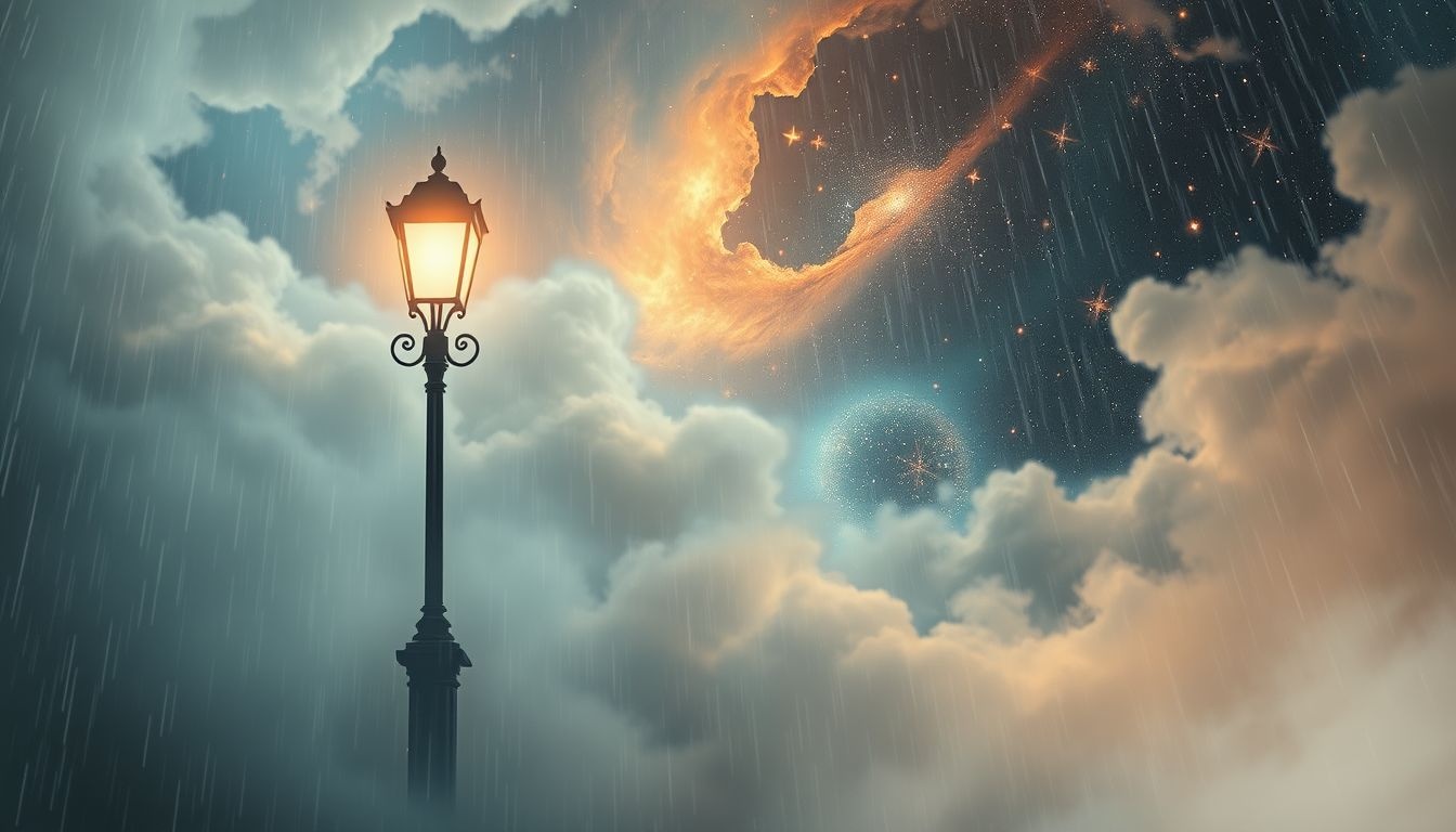 Le réverbère sous la pluie symbolise espoir malgré la confusion.
