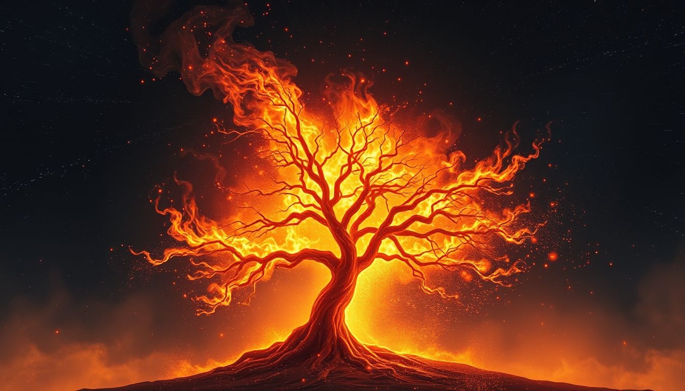 Un sapin en feu symbolise colère et métamorphose intérieure profonde.